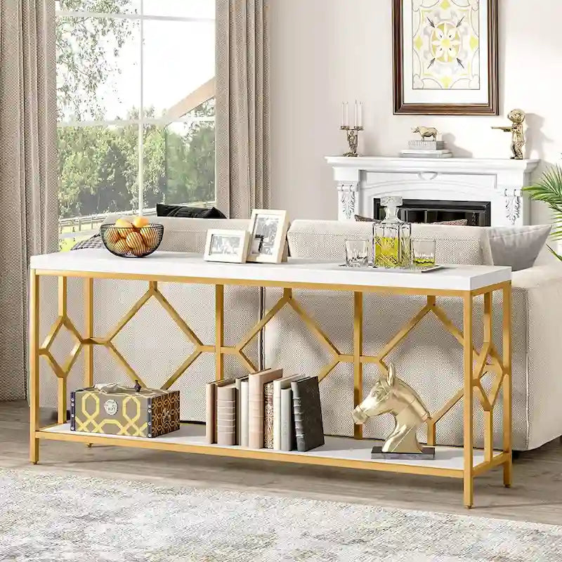 70.9 Inch Sofa Console Table with Open Storage Shelf, Industrial Narrow Extra Long Sofa Tables Entry Table Behind Couch Table