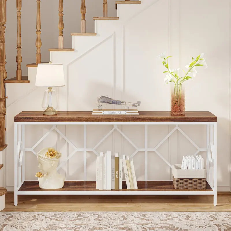 70.9 Inch Sofa Console Table with Open Storage Shelf, Industrial Narrow Extra Long Sofa Tables Entry Table Behind Couch Table