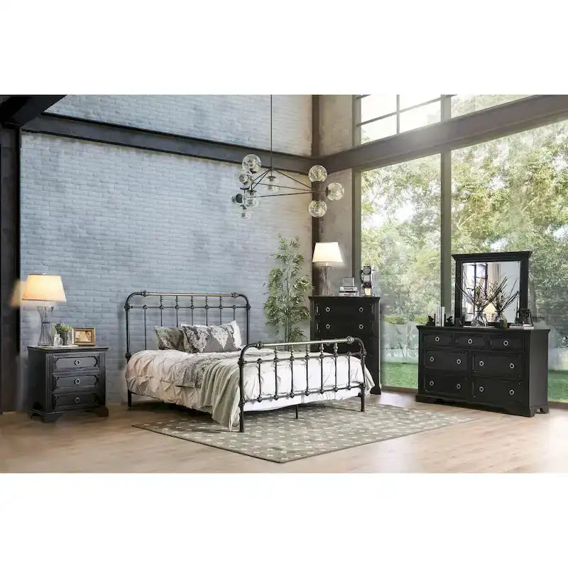 Industrial Black Metal Panel Bed with Geometric Headboard