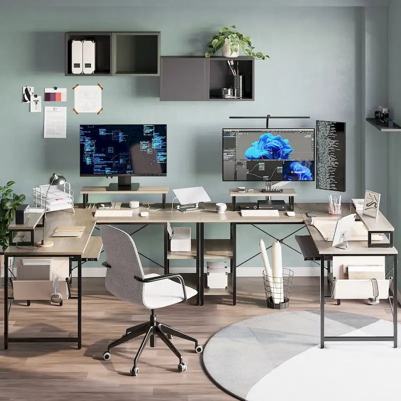 L Shaped Desk LED 95.2 Inch Computer Corner Desk with Keyboard Tray Monitor Stand