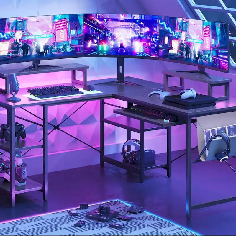 L Shaped Desk LED 95.2 Inch Computer Corner Desk with Keyboard Tray Monitor Stand