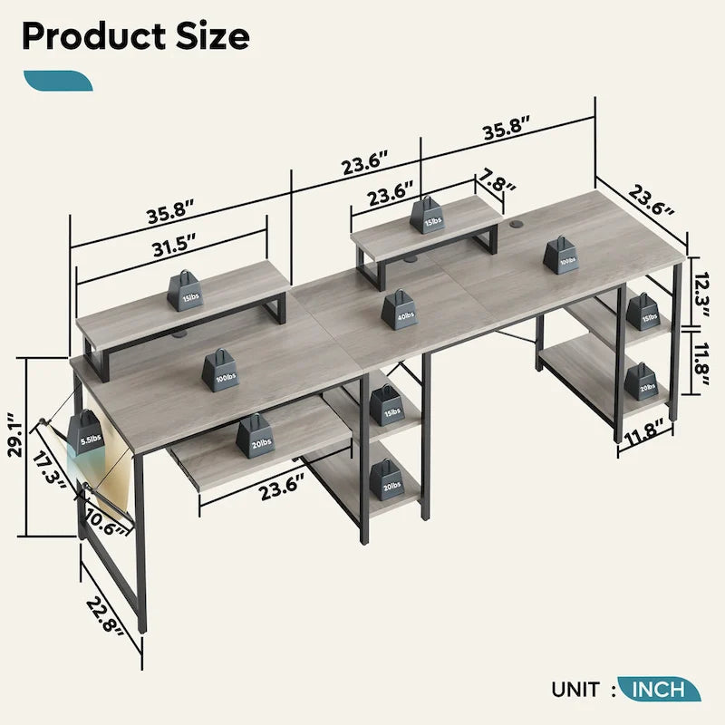 L Shaped Desk LED 95.2 Inch Computer Corner Desk with Keyboard Tray Monitor Stand