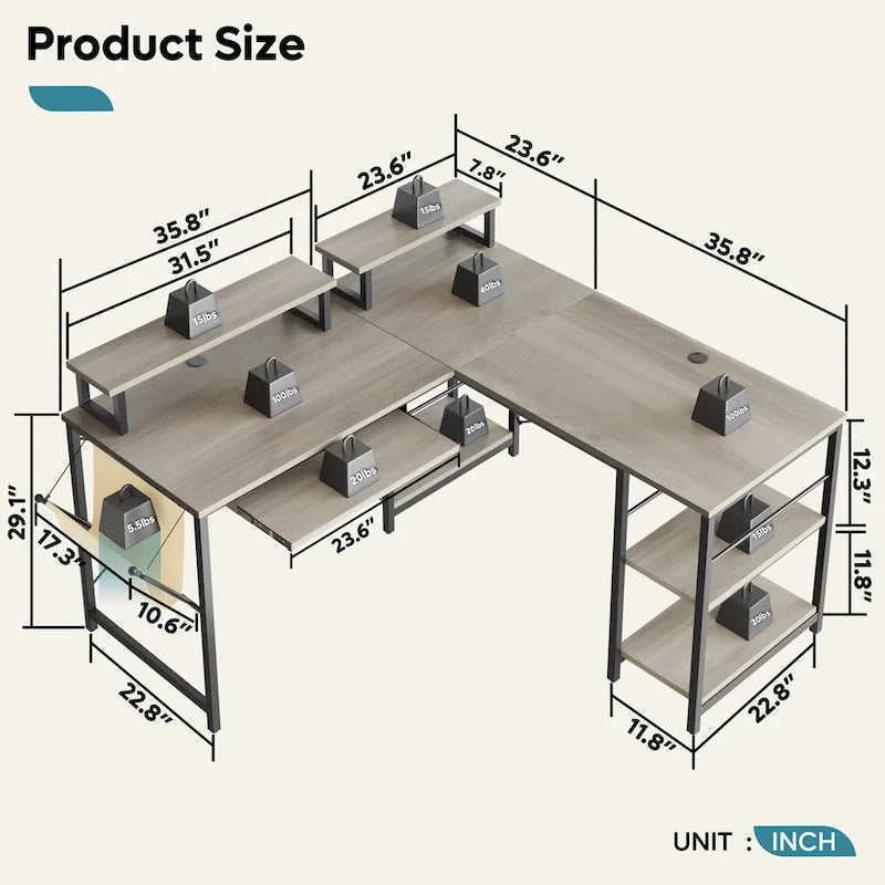 L Shaped Desk LED 95.2 Inch Computer Corner Desk with Keyboard Tray Monitor Stand