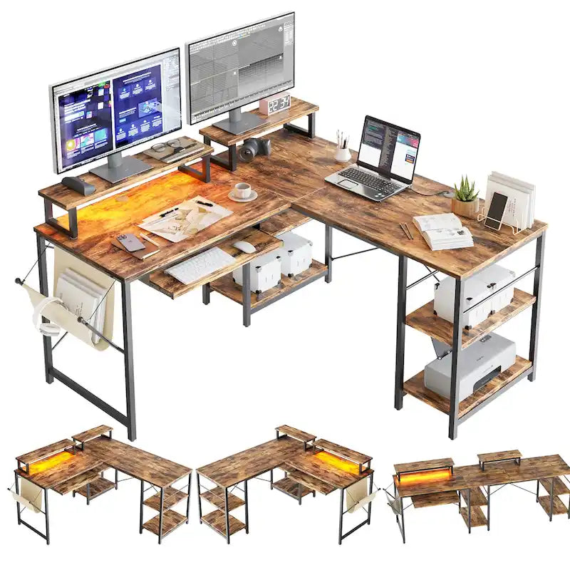 L Shaped Desk LED 95.2 Inch Computer Corner Desk with Keyboard Tray Monitor Stand