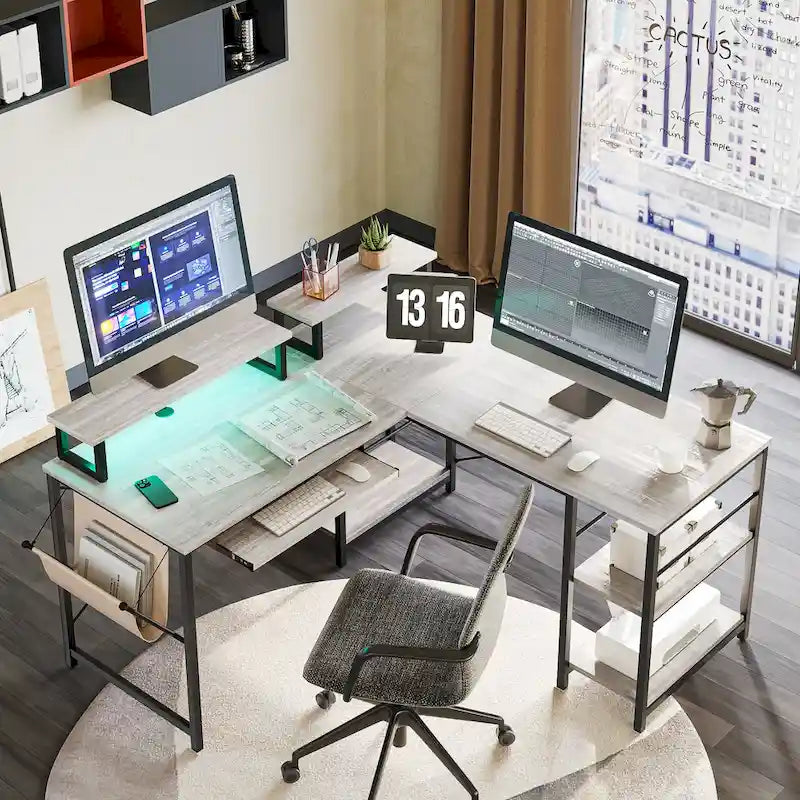 L Shaped Desk LED 95.2 Inch Computer Corner Desk with Keyboard Tray Monitor Stand
