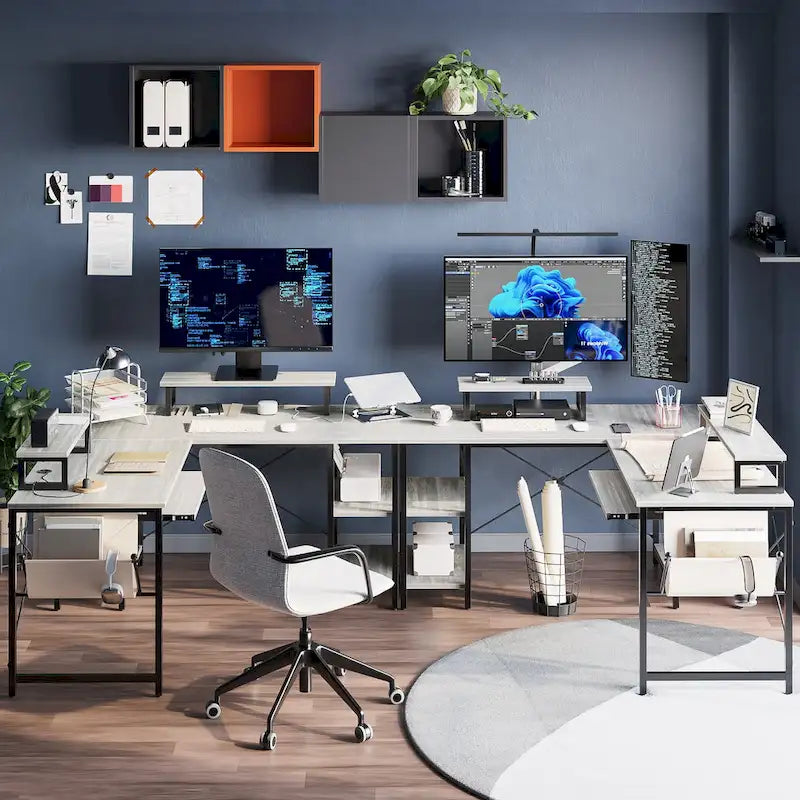 L Shaped Desk LED 95.2 Inch Computer Corner Desk with Keyboard Tray Monitor Stand