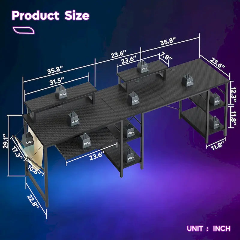 L Shaped Desk LED 95.2 Inch Computer Corner Desk with Keyboard Tray Monitor Stand