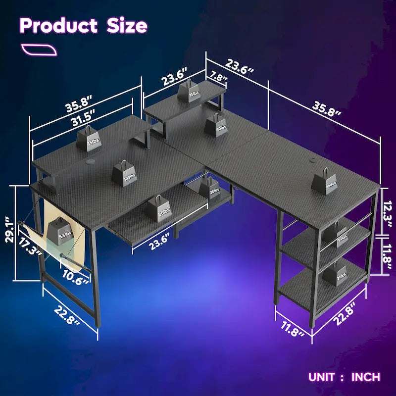 L Shaped Desk LED 95.2 Inch Computer Corner Desk with Keyboard Tray Monitor Stand