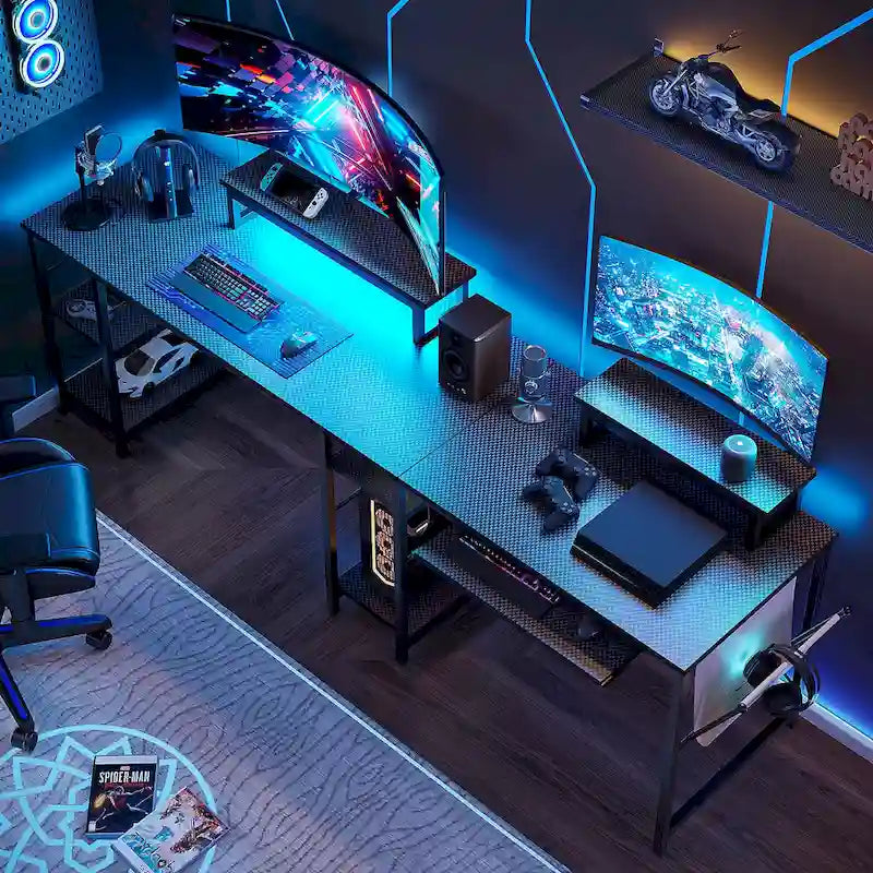 L Shaped Desk LED 95.2 Inch Computer Corner Desk with Keyboard Tray Monitor Stand