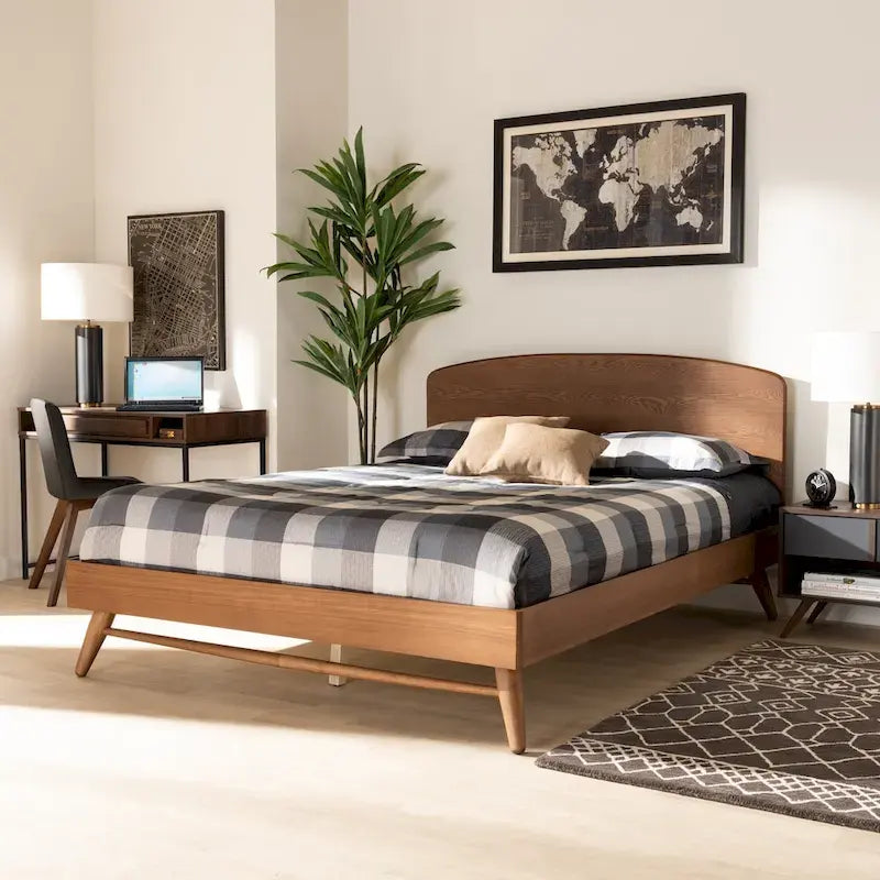 Mid-Century Modern Transitional Walnut Finished Platform Bed
