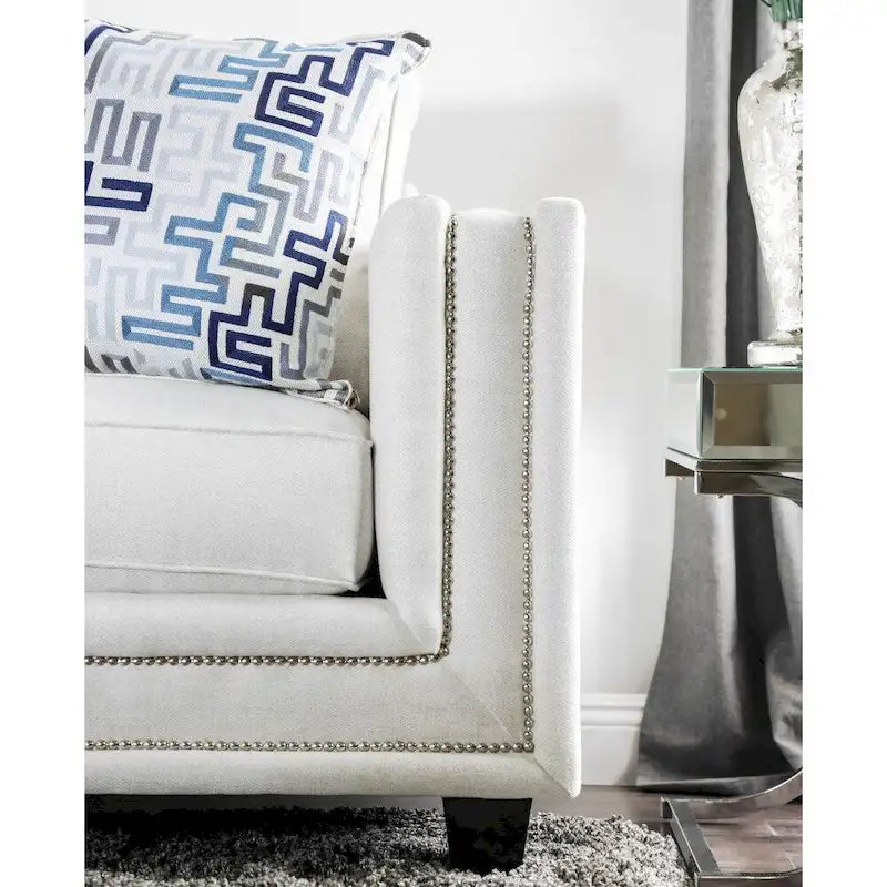 Contemporary Off-White Chenille Nailhead Upholstered Sofa