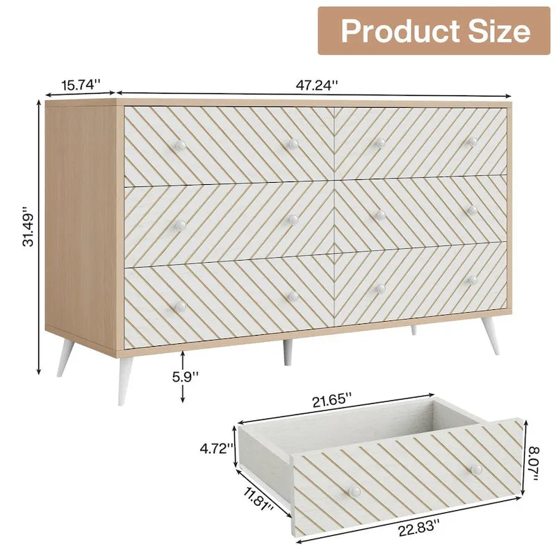 6-Drawer Storage Cabinet Dresser with Metal Legs for Bedroom Living Room Entryway