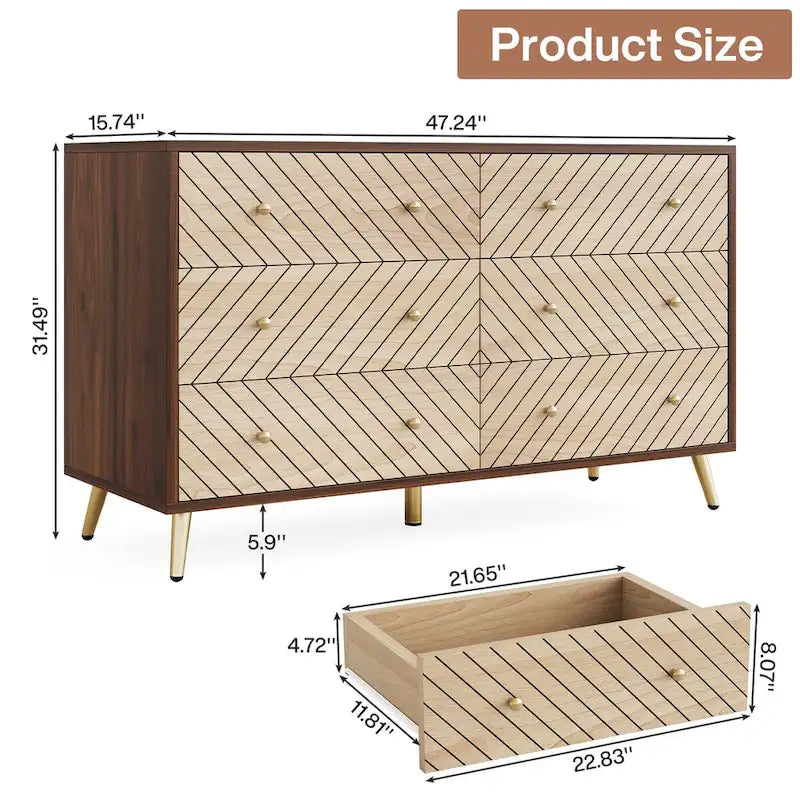 6-Drawer Storage Cabinet Dresser with Metal Legs for Bedroom Living Room Entryway