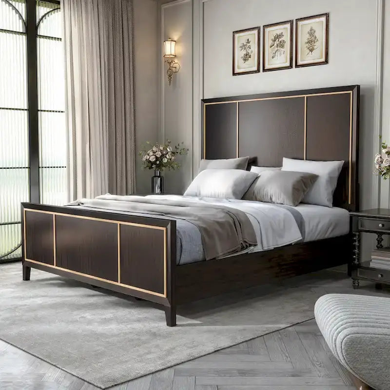 Modern Espresso Solid Wood Panel Bed with Gold Accent Trim