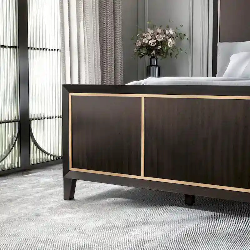 Modern Espresso Solid Wood Panel Bed with Gold Accent Trim