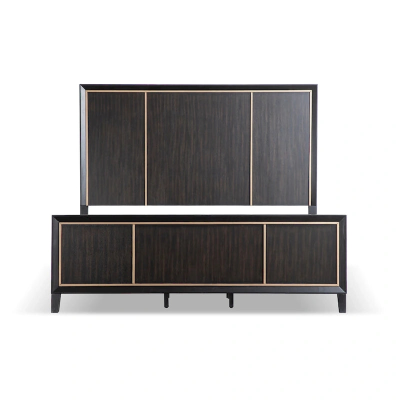 Modern Espresso Solid Wood Panel Bed with Gold Accent Trim