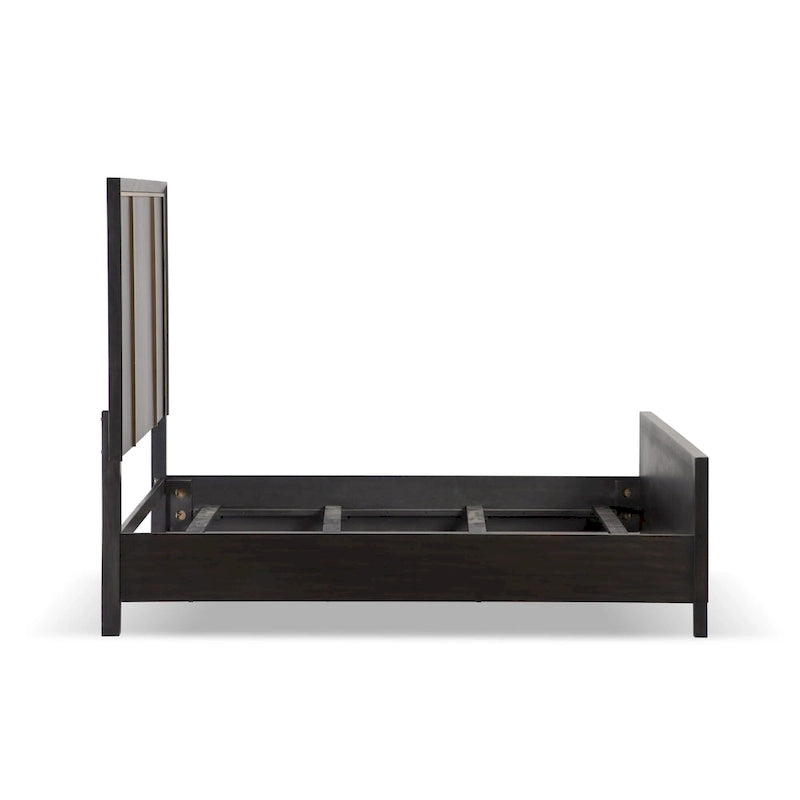 Modern Espresso Solid Wood Panel Bed with Gold Accent Trim