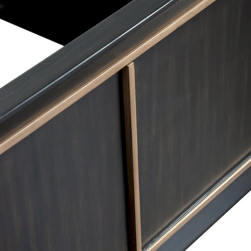 Modern Espresso Solid Wood Panel Bed with Gold Accent Trim