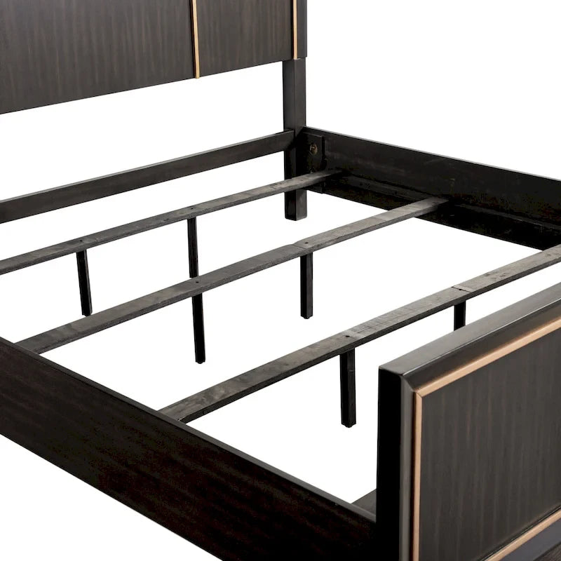 Modern Espresso Solid Wood Panel Bed with Gold Accent Trim