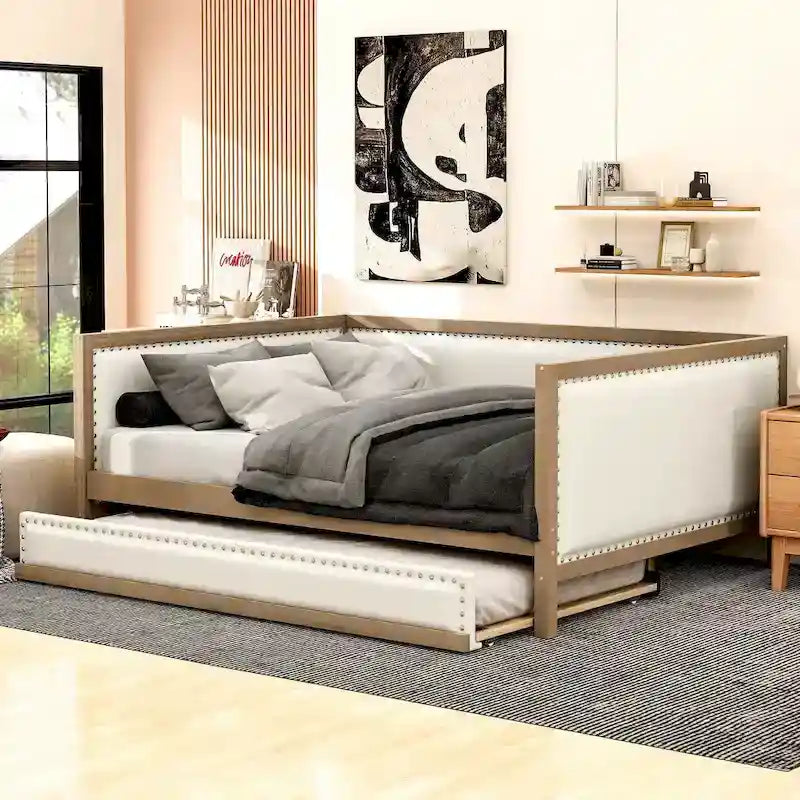Full Size Upholstered Daybed with Trundle or 2 Drawers and Nailhead Decoration