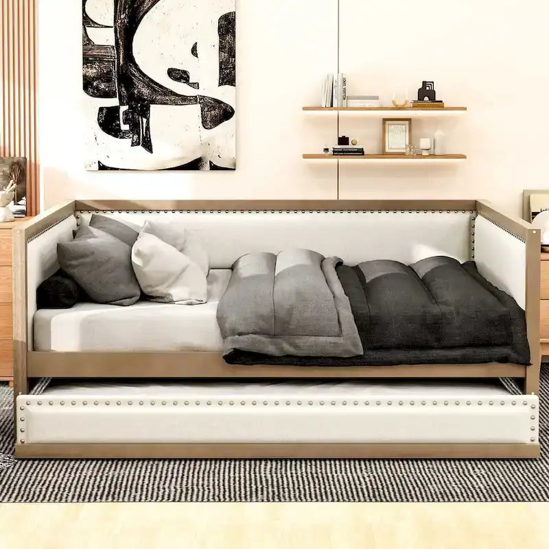 Full Size Upholstered Daybed with Trundle or 2 Drawers and Nailhead Decoration