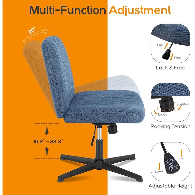 Home Office Desk Chair Criss Cross Legged Office, Wide Comfty Desk, Wheels Armless Computer Task, Swivel Vanity Home Chair