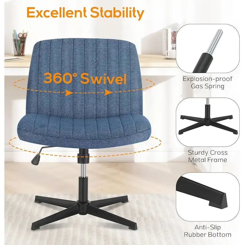 Home Office Desk Chair Criss Cross Legged Office, Wide Comfty Desk, Wheels Armless Computer Task, Swivel Vanity Home Chair