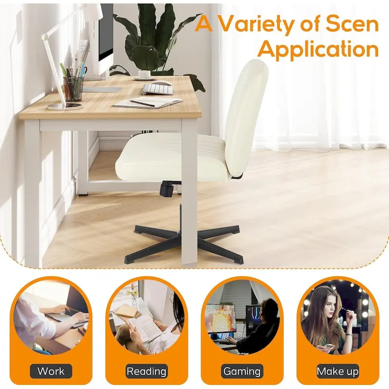 Home Office Desk Chair Criss Cross Legged Office, Wide Comfty Desk, Wheels Armless Computer Task, Swivel Vanity Home Chair