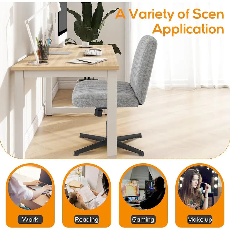 Home Office Desk Chair Criss Cross Legged Office, Wide Comfty Desk, Wheels Armless Computer Task, Swivel Vanity Home Chair