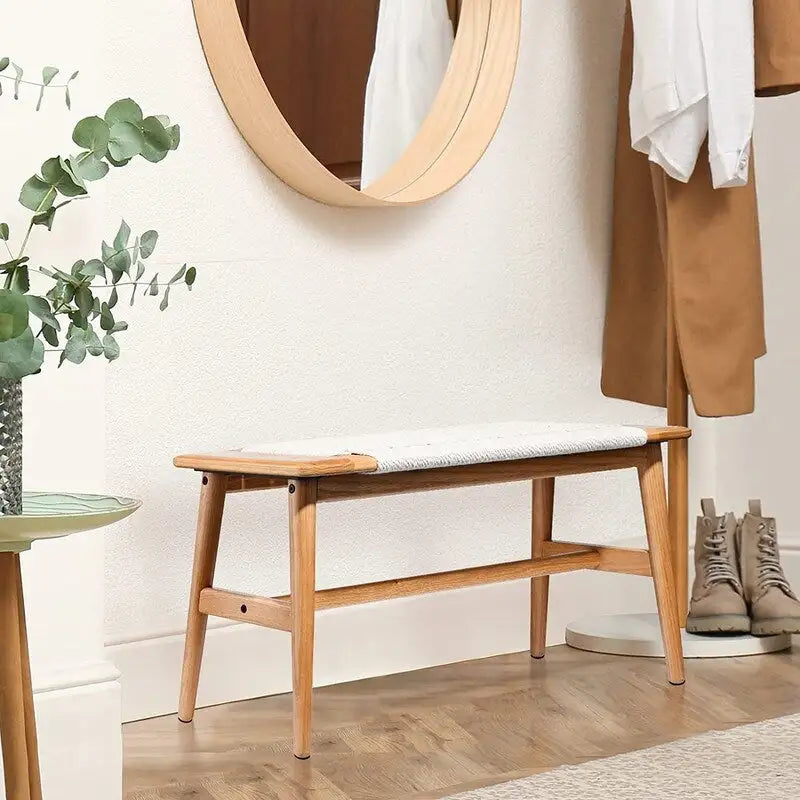 Boho Style Indoor Solid Oak Wood Bench with Woven Rope Seat and Mortise Tenon Joint