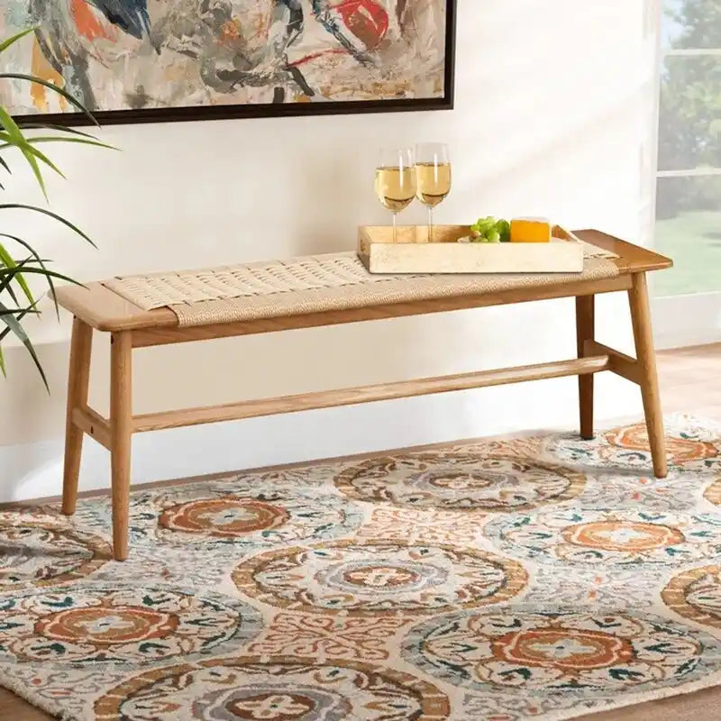 Boho Style Indoor Solid Oak Wood Bench with Woven Rope Seat and Mortise Tenon Joint