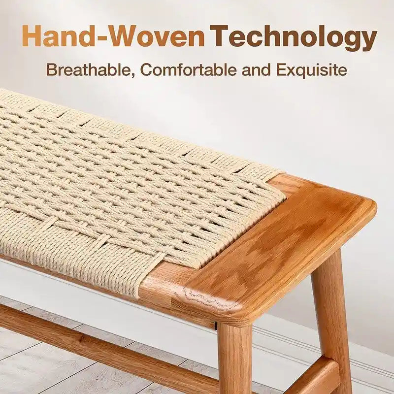 Boho Style Indoor Solid Oak Wood Bench with Woven Rope Seat and Mortise Tenon Joint
