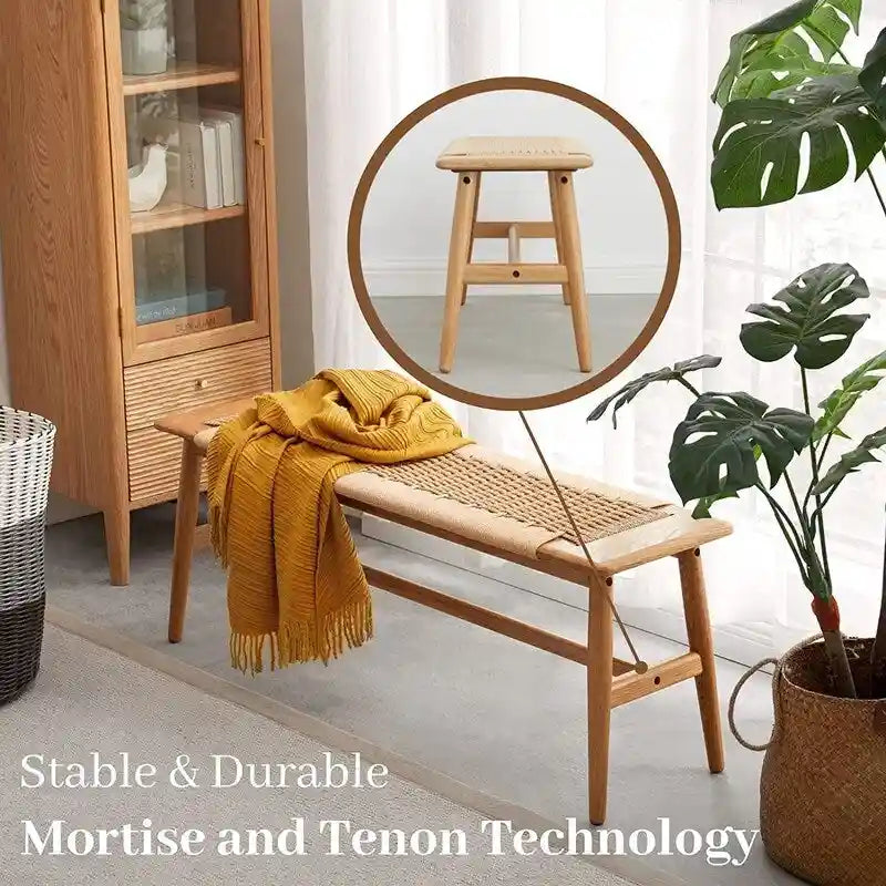 Boho Style Indoor Solid Oak Wood Bench with Woven Rope Seat and Mortise Tenon Joint