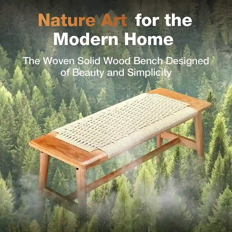Boho Style Indoor Solid Oak Wood Bench with Woven Rope Seat and Mortise Tenon Joint