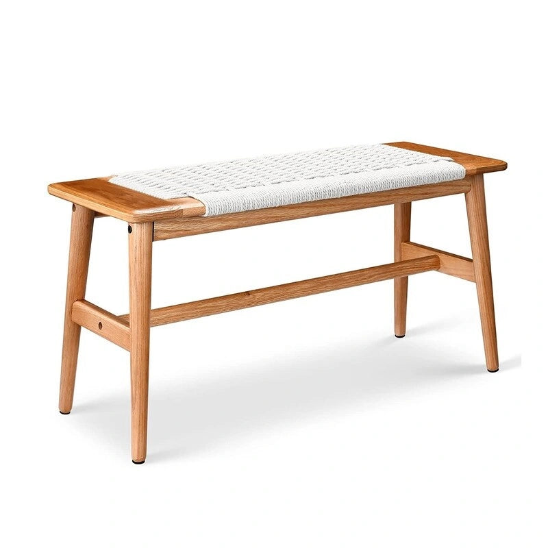Boho Style Indoor Solid Oak Wood Bench with Woven Rope Seat and Mortise Tenon Joint