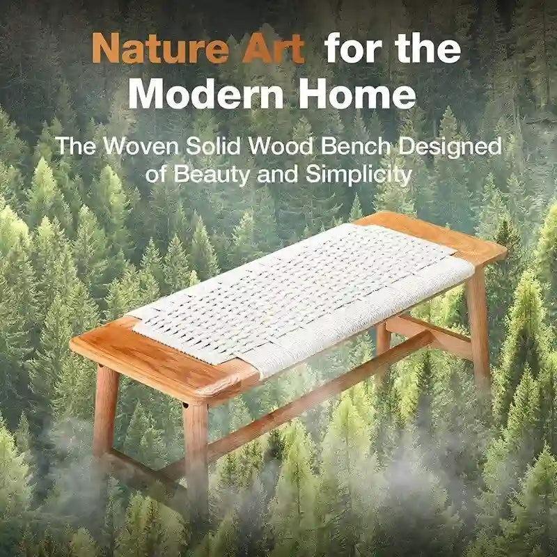 Boho Style Indoor Solid Oak Wood Bench with Woven Rope Seat and Mortise Tenon Joint