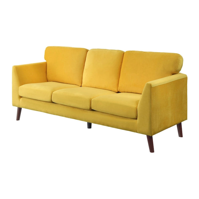 81 Inch Yellow Velvet Sofa with Reversible Cushions and Dark Brown Wood Base
