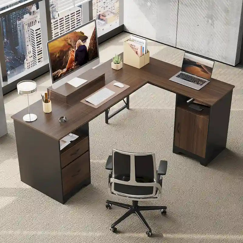 63 L Shaped Home Office Desk with File&Storage Drawers and Cabinet, Computer Desk with Monitor Stand and Open Compartments