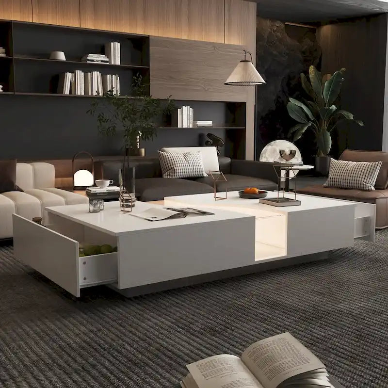 White 2-Drawer Coffee Table with LED Display Top