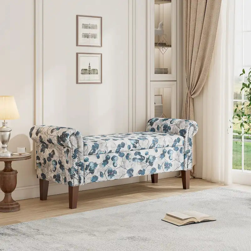 Traditional Rolled Arm Storage Bench Ottoman with Nailhead Trim