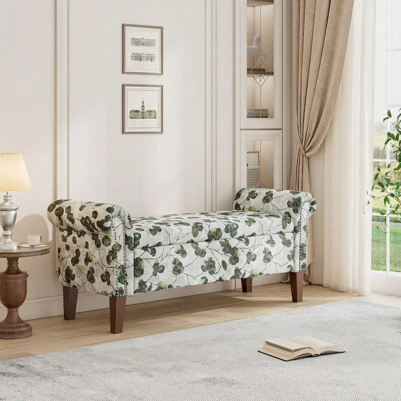 Traditional Rolled Arm Storage Bench Ottoman with Nailhead Trim