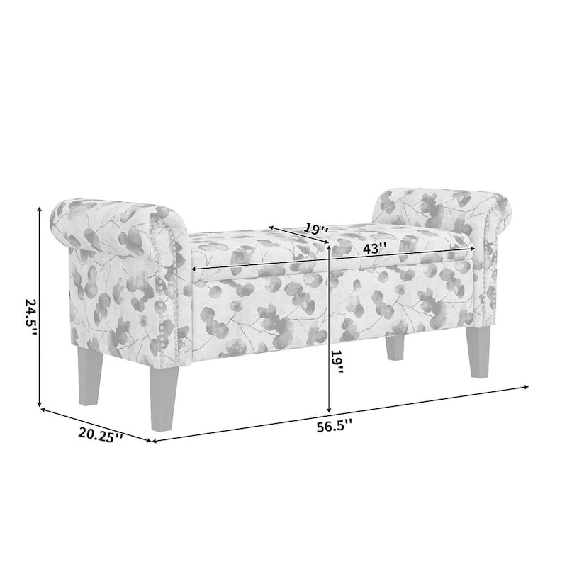 Traditional Rolled Arm Storage Bench Ottoman with Nailhead Trim