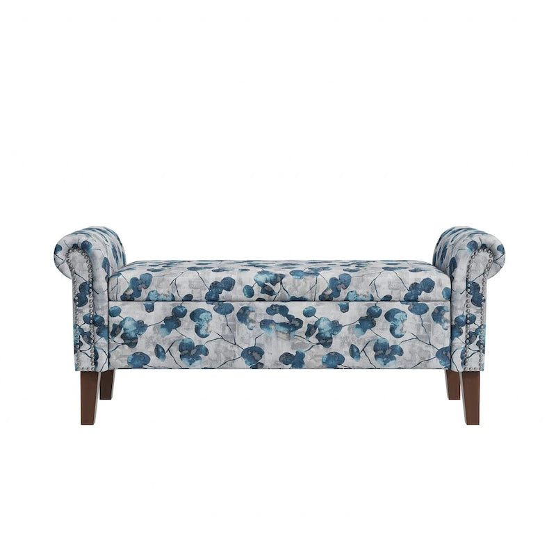 Traditional Rolled Arm Storage Bench Ottoman with Nailhead Trim