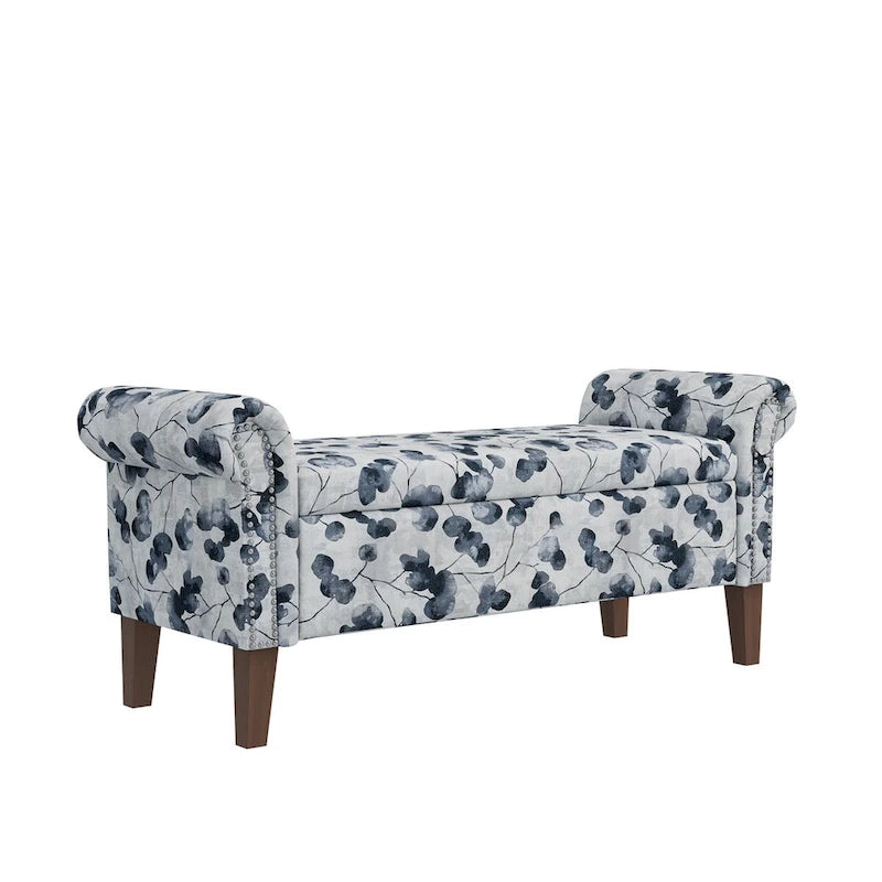 Traditional Rolled Arm Storage Bench Ottoman with Nailhead Trim