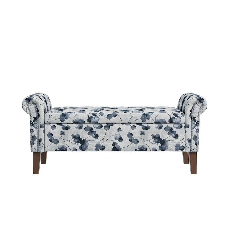 Traditional Rolled Arm Storage Bench Ottoman with Nailhead Trim
