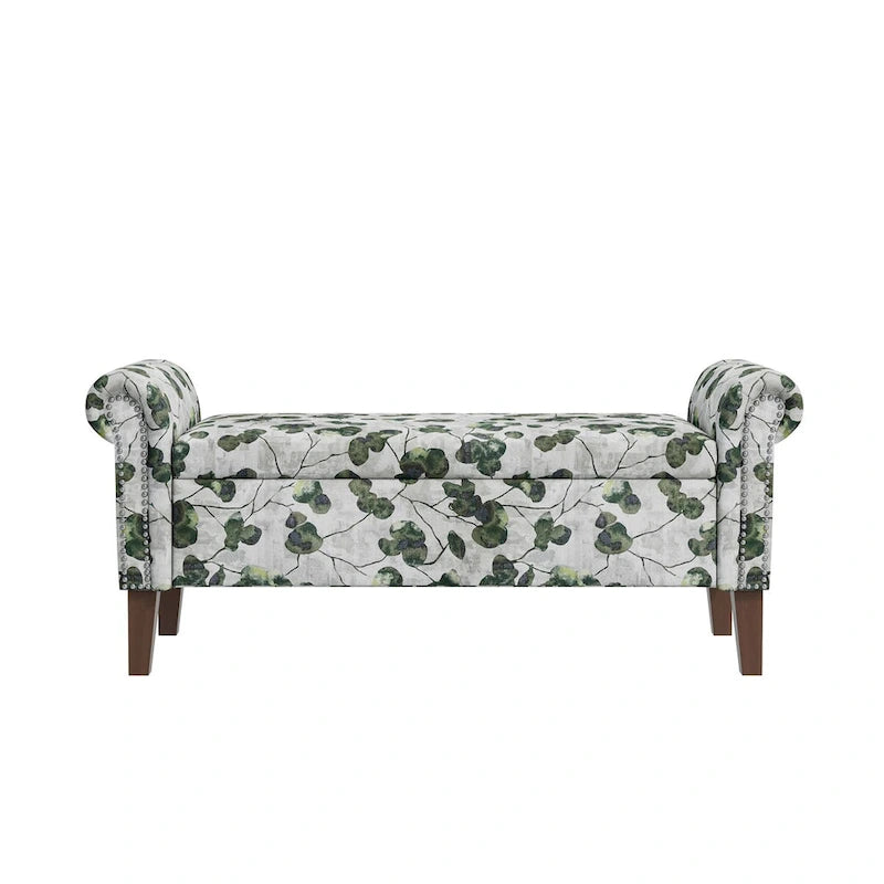 Traditional Rolled Arm Storage Bench Ottoman with Nailhead Trim