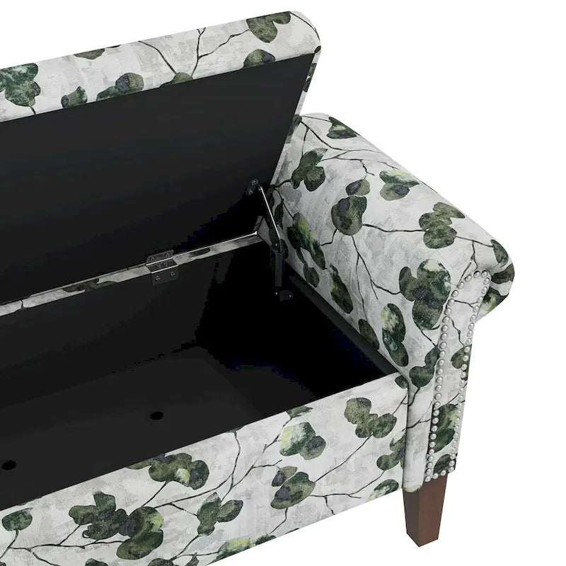 Traditional Rolled Arm Storage Bench Ottoman with Nailhead Trim